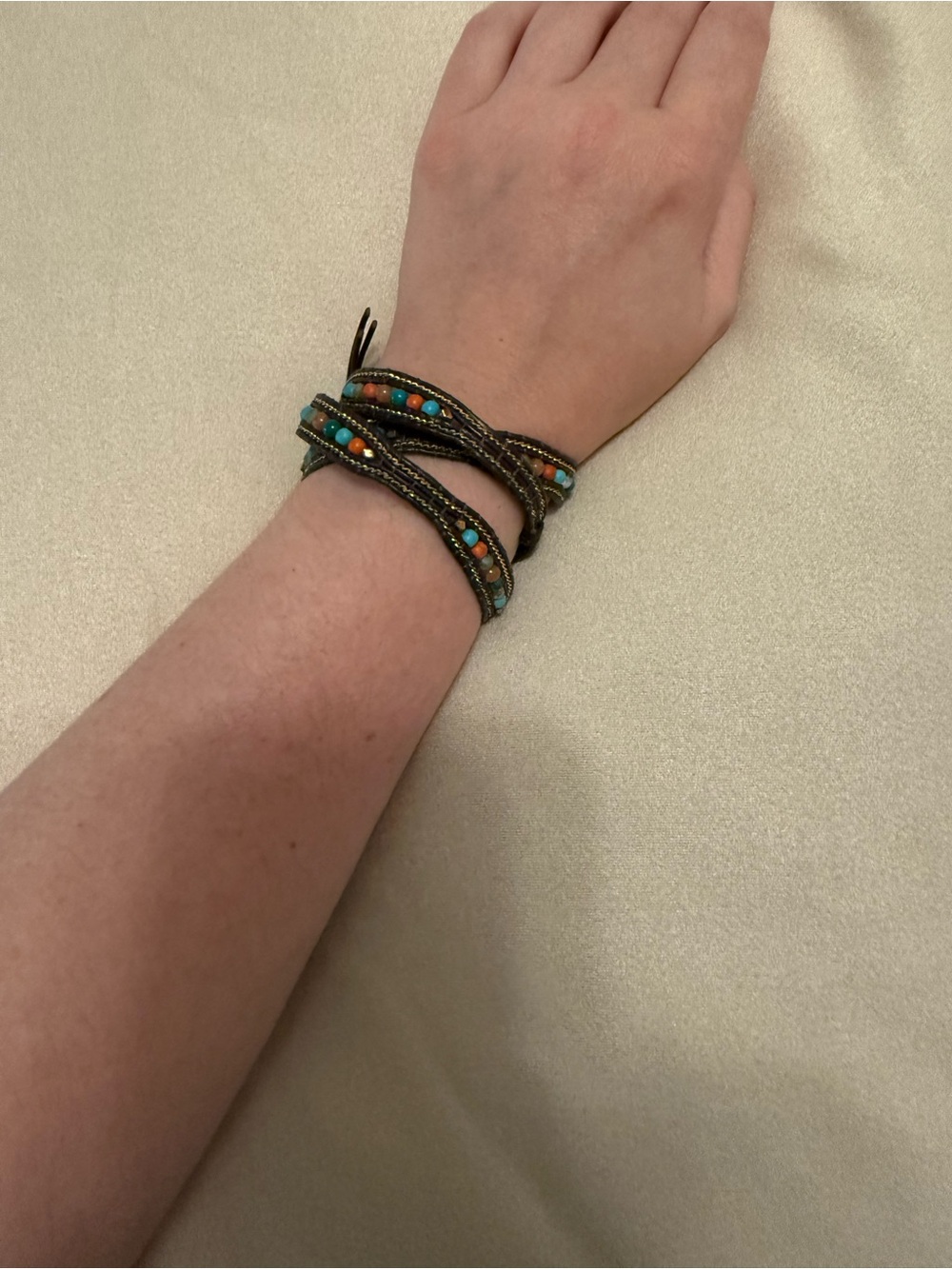 Leather & Multi-Color Bead Wrap Bracelet